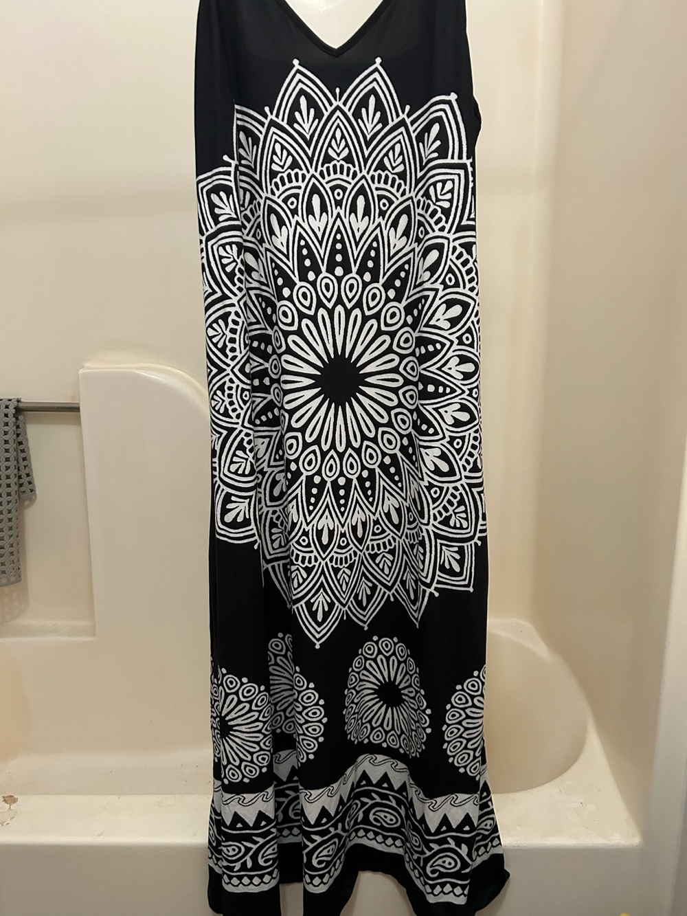 Black & White Mandala Maxi Dress - V-Neck